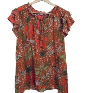 Rose & Olive Vibrant Leaf Print Blouse - Orange and Green